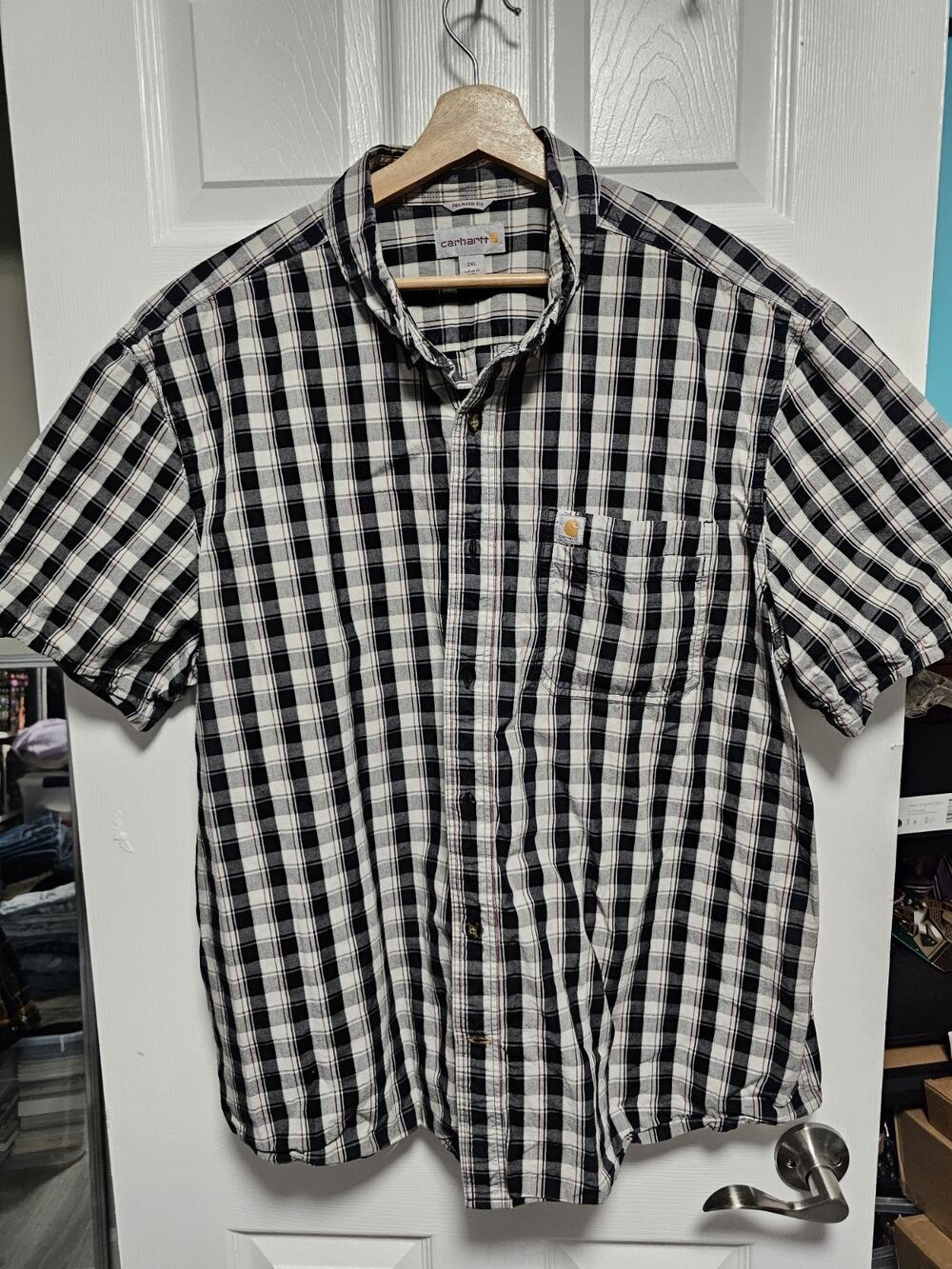 Carhartt Shirt XXLarge Ivory Black Plaid Relaxed Fit Button Up Short Sleeve Mens